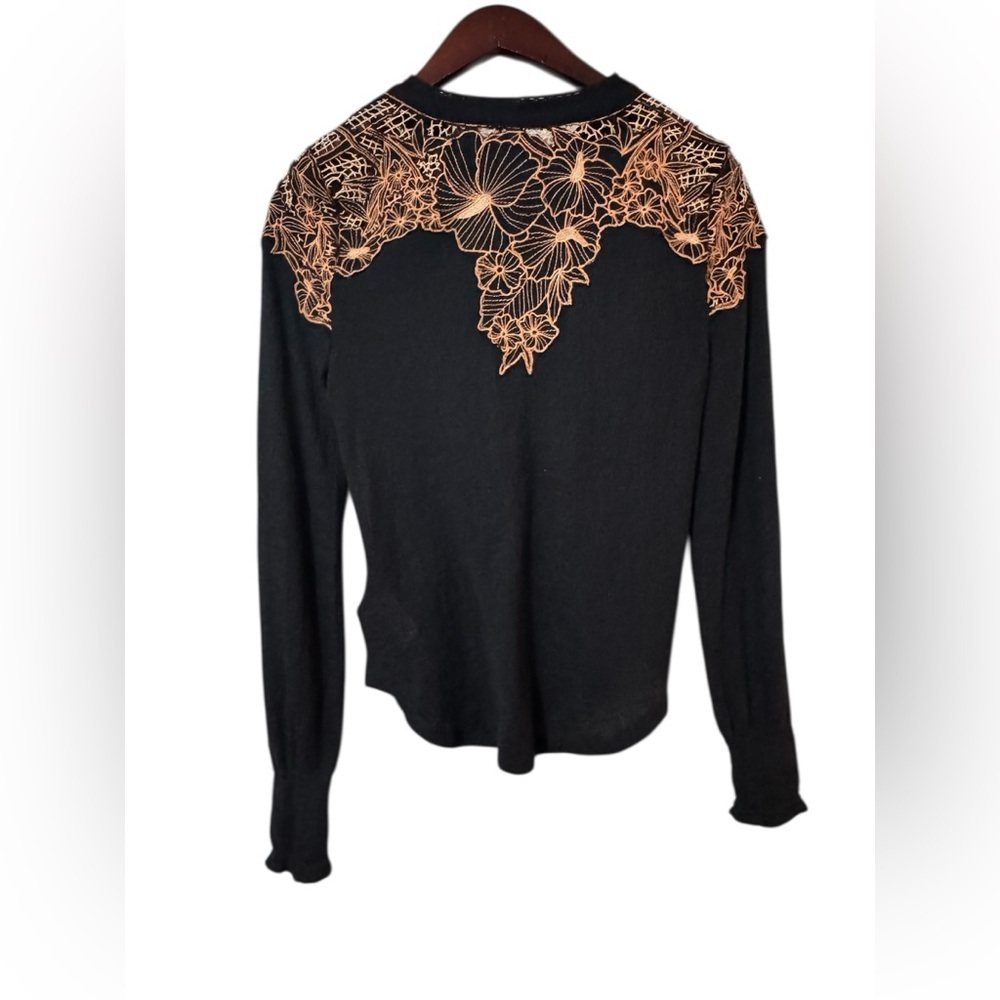 Free People Black Embroidered Lace Yoke Blouse Size M Boho Sheer Top - Picture 4 of 8